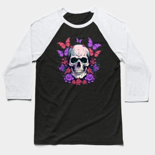 Psychedelic Neon Skull with Roses and Butterflies Baseball T-Shirt